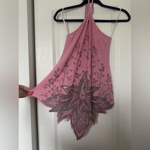 Pink Y2K Mcbling Tabom Halter Top with silver Floral Design
